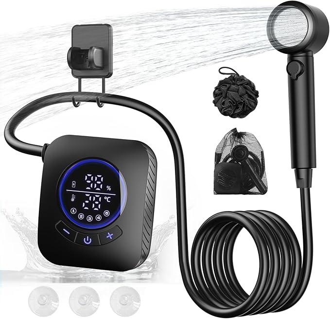 Portable Shower - 8000mAh Rechargeable Camping Shower Pump with Bath Sponge, 4 Spray Modes, IPX8 Waterproof, Ideal for Outdoor Camping, Travel, Car Washing, Pet Bathing, and Watering Plants