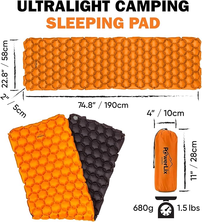 POWERLIX Ultralight Inflatable Camping Sleeping Pad - Backpacking Camping Mat, Lightweight Camping Air Mattress Sleep Pad for Hiking, Traveling, Inflation Hand Pump Bag/Repair Kit Included