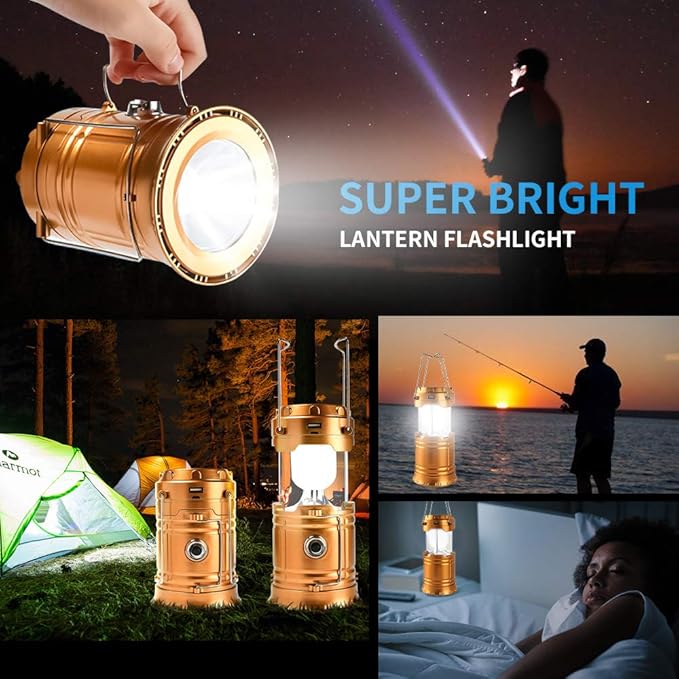 LED Camping Lantern, Solar and Rechargeable Lantern Flashlight Collapsible and Portable Light for Daily/Camp/Hiking/Night Fishing/Emergency/Hurricanes/Storm(1 Pack)