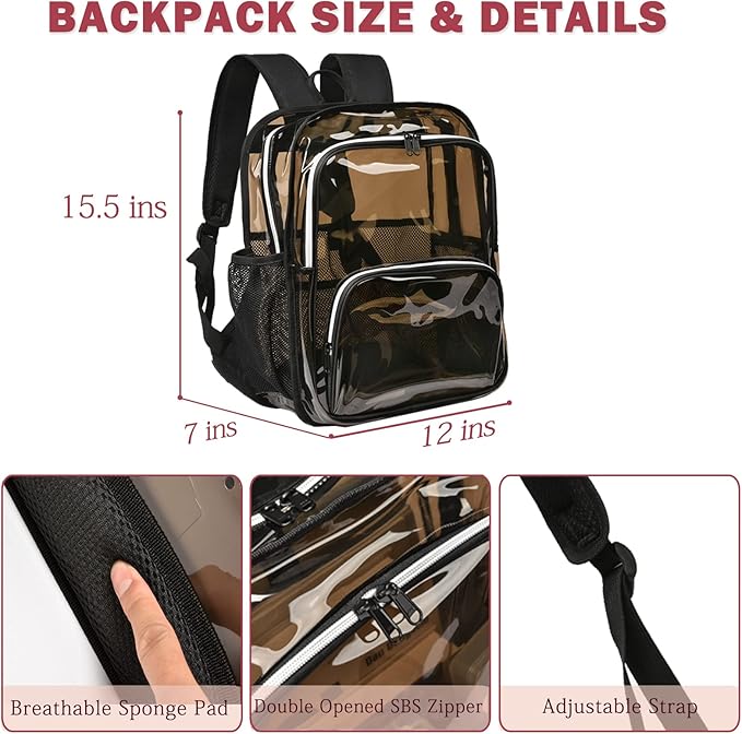 Clear Backpack, 15'' Clear Backpacks for School Heavy Duty See Through Bookbag Amber 0.6mm PVC Backpack for Men Women