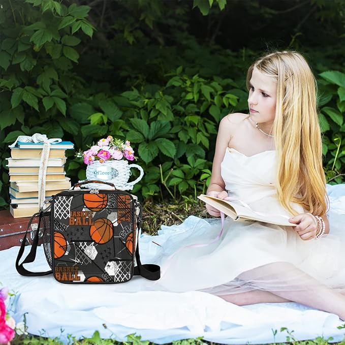 cfpolar Basketball Lunch Box for Boys Insulated Lunch Bags Reusable Mini Cooler Lunch Tote Mens Lunchbox Thermal Meal Tote Kit with Shoulder Strap for Work School Picnic