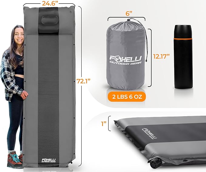 Foxelli Self Inflating Sleeping Pad for Camping, Backpacking, Hiking, Insulated Foam Lightweight Camping Mat, Inflatable Camp Mattress with Pillow