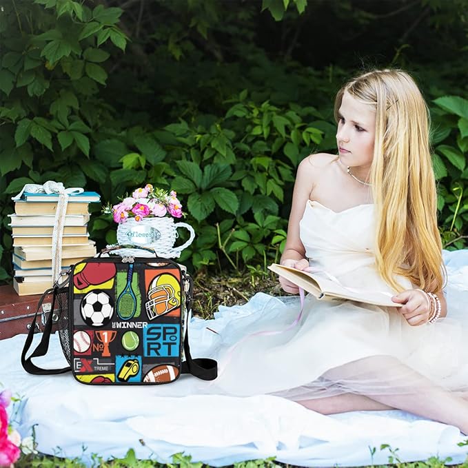 cfpolar Insulated Lunch Bags Sport Symbol Soccer Lunch Box for Men Boys Girls Reusable Mini Cooler Lunch Tote Lunchbox Thermal Meal Tote Kit with Shoulder Strap for Work School Picnic