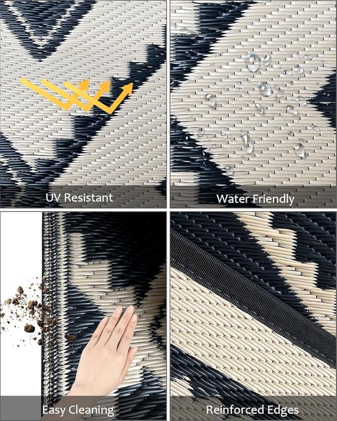 LILIOFFIC Outdoor Rugs - Reversible Mats, 5'x8' Plastic Straw Rug for Patio Clearance Waterproof, Indoor Outdoor Area Rug Carpet for Outside, RV, Deck, Picnic, Beach, Trailer, Camping(Black & Beige)