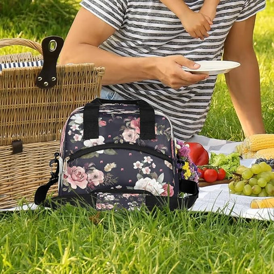 Insulated Lunch Bags for Women - Portable Leakproof Thermal Lunch Box Tote for Adult Men Cooler Bag with Adjustable Shoulder Strap for Work, Beach, Picnic or Travel (Flowers)