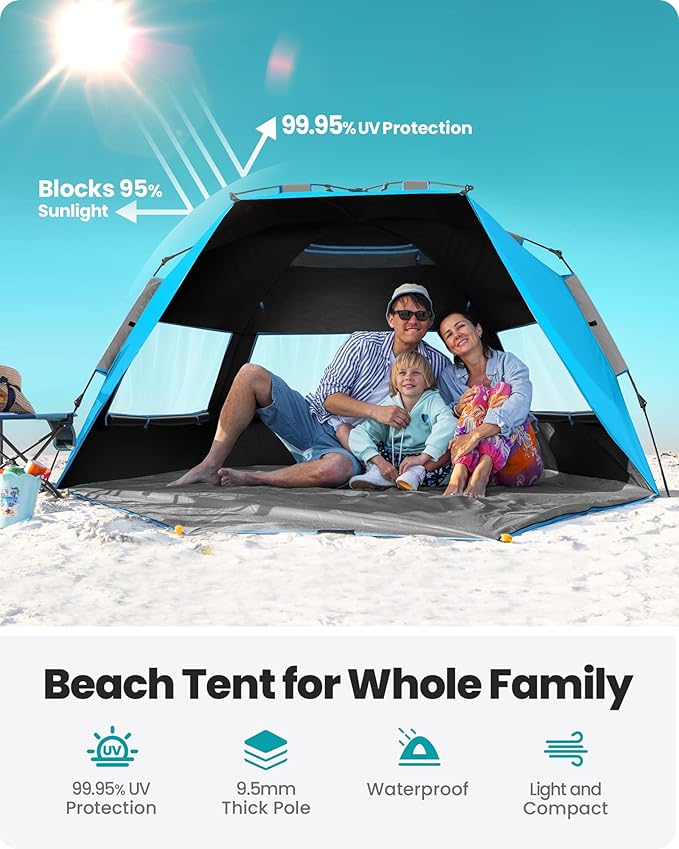 OutdoorMaster Beach Tent with Blackout Shelter Technology, Portable Beach Shade Sun Shelter Canopy for 4-6 Person with UPF 50+ UV Protection, Easy Setup Pop Up Tent Family Size