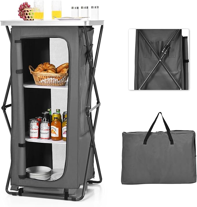 Goplus Folding Camping Storage Cabinet, Pop Up Outdoor Camping Kitchen Station with Large 3-Tier Storage Organizer, Carry Bag, Easy Set Up Portable Compact Camping Table for BBQ Picnic Backyard (47'')