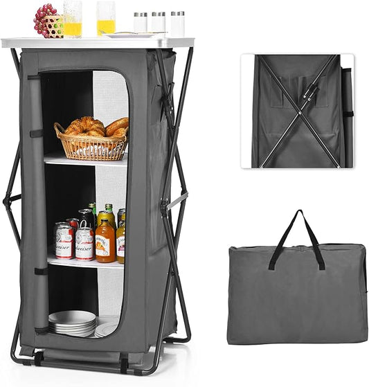 Goplus Folding Camping Storage Cabinet, Pop Up Outdoor Camping Kitchen Station with Large 3-Tier Storage Organizer, Carry Bag, Easy Set Up Portable Compact Camping Table for BBQ Picnic Backyard (47'')