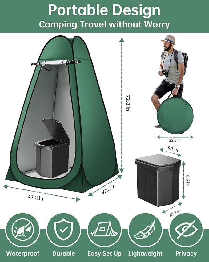 Camping Bathroom Tent and Toilet, 16.5'' XL Portable Toilet Tent for Adults Camping Toilets Portable Tent, Pop Up Privacy Toilet Tent for Camping
