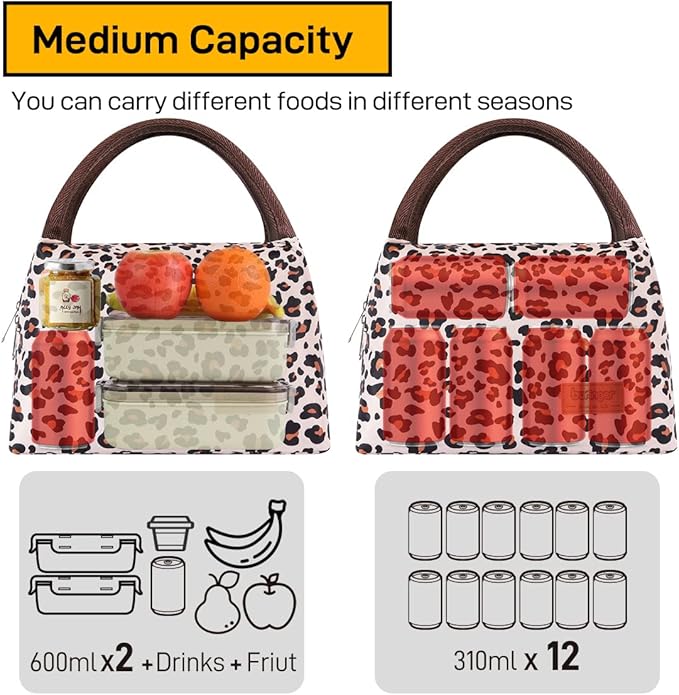 Buringer Insulated Lunch Bag Lunch Box for Women Men Adult Lunch Tote for Work Picnic Travel (Leopard Print)