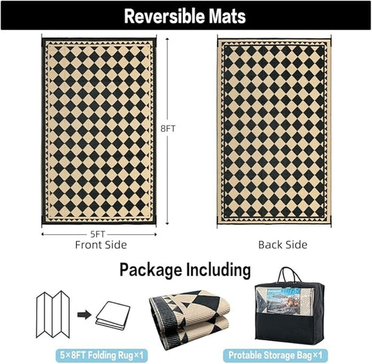 Outdoor Rug for Patios Clearance,Waterproof Mat,Large Outside Carpet,Reversible Plastic Straw Camping Rugs,Rv,Porch,Deck,Camper,Balcony,Backyard (5x8,Checkered/Black&Beige)