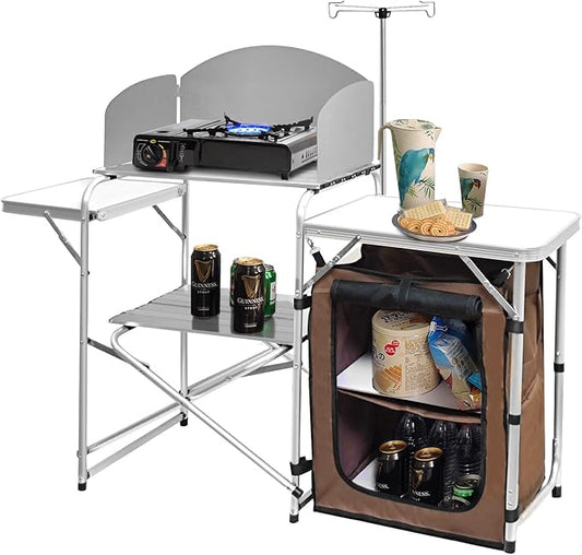 CampLand Folding Cooking Table Outdoor Portable Cook Station Aluminum Camping Kitchen with Storage Organizer, Windscreen, Hooks for BBQ, Party