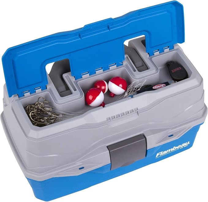 Flambeau Outdoors 6382TB 2-Tray Tackle Box - Classic Fishing Lure Storage Organizer, Medium Portable Tackle Box, 15 Tray Compartments, Blue/Gray