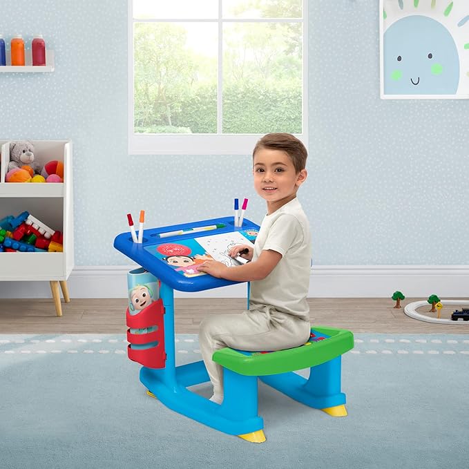 CoComelon Draw and Play Desk by Delta Children – Includes 10 Markers and Coloring Book, Blue