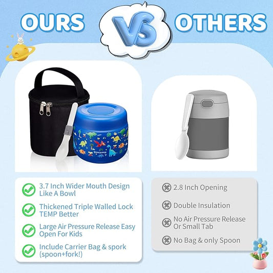 9 OZ Girls Thermo Food-Container with Carrier Bag - Wide Mouth Leakproof Baby Kids Lunch Thermal Insulated Jar for Food Fruits Veg Soup, Cute Pink Unicorn, Keep Hot 8H/Cold 12H