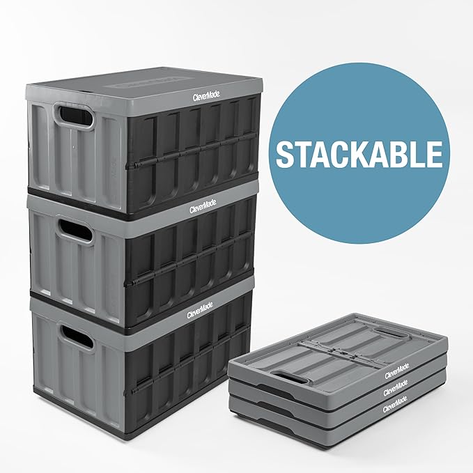 CleverMade Collapsible Storage Bins with Lids - Stone 3 Pack 62L - Plastic Containers Stackable Organization Crates Home Closet Space-Saving Durable
