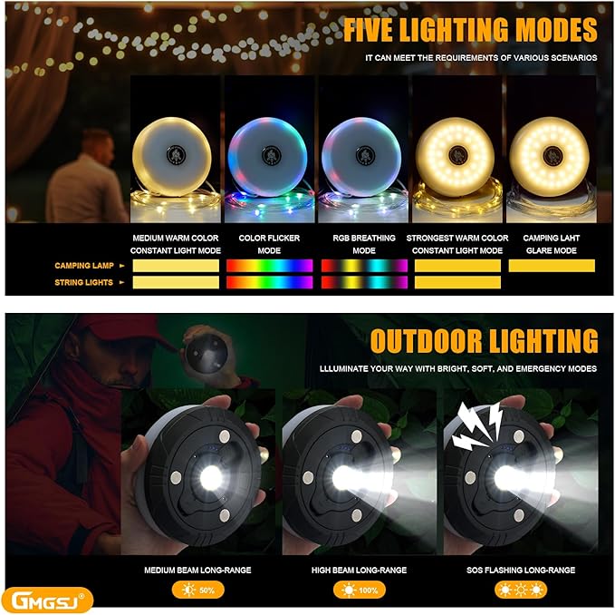 Camping String Lights - Outdoor String Lights with 8 Modes, Type-C Fast Charging, Durable & Waterproof for Camping, Party, and Christmas, Portable & Easy-to-Store with Storage Box (32.8ft-1pcs)