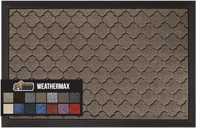 GORILLA GRIP 100% Waterproof All-Season WeatherMax Doormat, Durable Natural Rubber, Stain and Fade Resistant, Low Profile, Indoor Outdoor Doormats, Easy Clean Patio Entry Mat, 17x29, Latte Quatrefoil