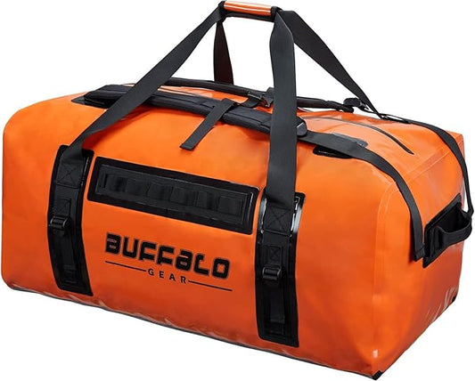 Buffalo Gear Large Waterproof Bag-150L Super Waterproof Duffel Bag Heavy Duty Adventure Bag for Boating Kayaking Motorcycling Hunting Camping Rafting Fishing Jet Ski
