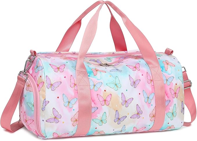 Butterfly Girls Sports Duffle Bag with Wet Pocket, Shoe Compartment & Overnight Travel Bag (Pink)