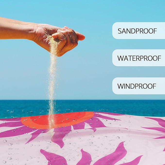 Large Beach Blanket Waterproof Sandproof, 9×10 FT Beach Mat Sand Free for 2-8 Adults with Stakes and Sand Pocket, Foldable Picnic Blankets for Outdoor, Camping Hiking, Vacation Essentials-Boho Sunset