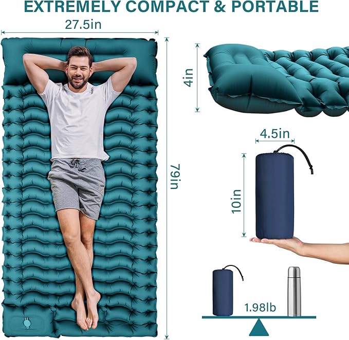 Camping Sleeping Pad, Ultralight Camping Mat with Pillow Built-in Foot Pump Inflatable Sleeping Pads Compact for Camping Backpacking Hiking Traveling Tent