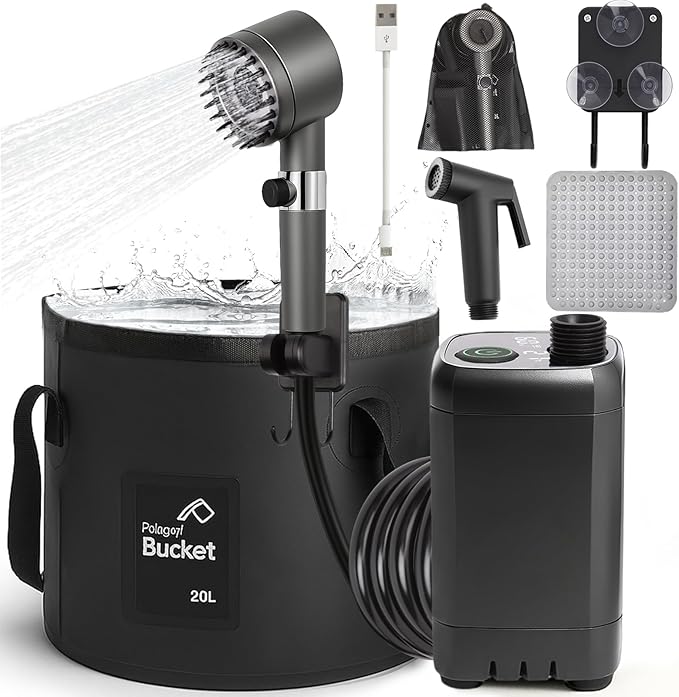 Rechargeable Camping Shower Pump, 9000mAh Portable Shower for Camping, 4 Sprayer Modes Electric Outdoor Shower Head IPX7 Waterproof USB Battery Powered Kit with 5 Gallon Bucket&Foot Pad
