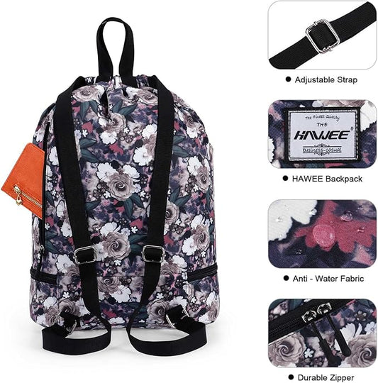 Dry Wet Drawstring Backpack with Shoe Compartment for Women Adjustable Gym Bag