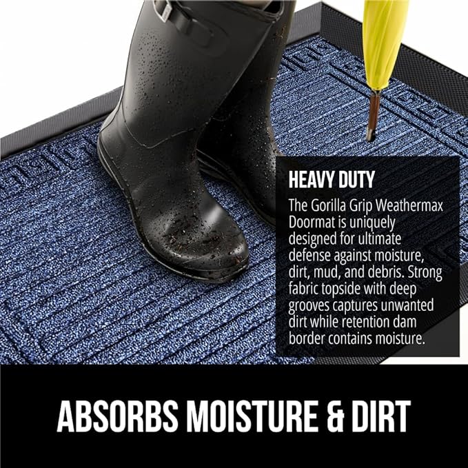 GORILLA GRIP 100% Waterproof All-Season WeatherMax Doormat, Durable Natural Rubber, Stain and Fade Resistant, Low Profile, Indoor Outdoor Door Mats, Easy Clean Entrance Mat, 17x29, Navy Greek Keys