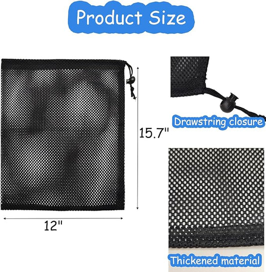 6 PCS Mesh Drawstring Bag 12" x 15.7", Durable Sports Equipment Net Bag Multipurpose Mesh Storage Bags for Tennis Ball, Golf Ball, Swimming, Camping and Travel, Black