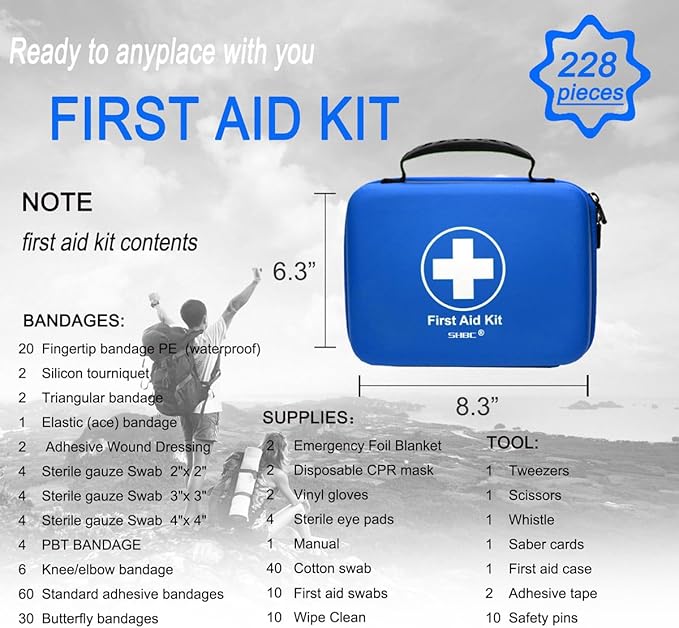 SHBC Waterproof First Aid Kit (228pcs) with All Basic or Advanced Supplies You Need. Suitable for Emergencies at Home or Outside, Travel, Home, Camping, Blue