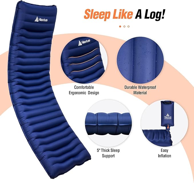 Hikenture Camping Mattress Ultra-Thick 5 Inch,Ergonomic Sleeping Pad with Pillow,Backpacking Sleeping Mat,Ultralight,Inflatable &Compact Camp Air Mattress for Tent,Cot,Hammock(1100-B)