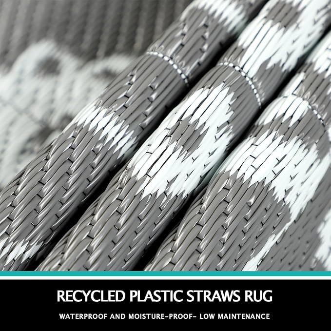 Capslpad 6Ft Round Outdoor Rug for Patios Clearance Reversible Mat Plastic Straw Patio Rugs Lightweight RV Camping Mat Circle Outside Area Rug Carpet for Balcony Deck Trailer Picnic BBQ, Grey