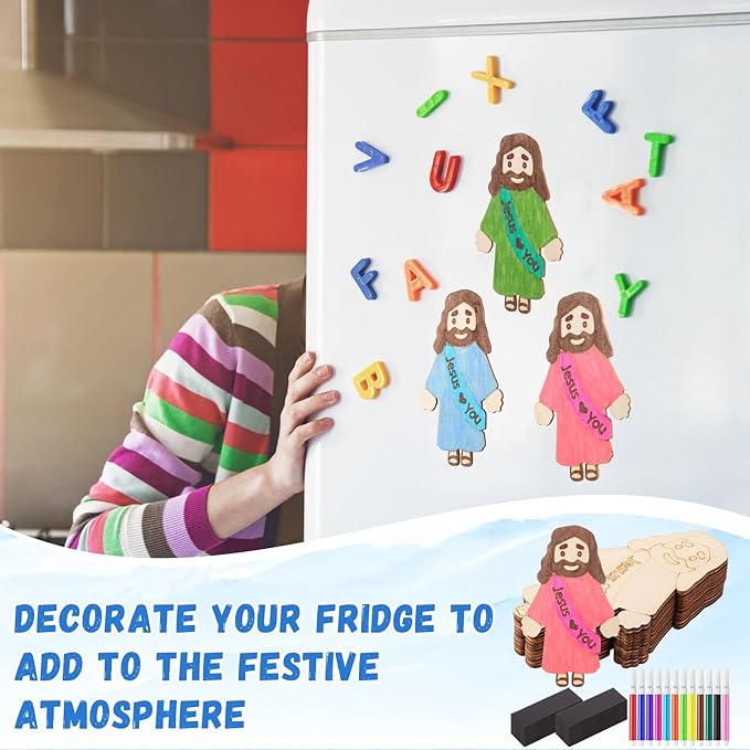 Blueweenly 24 Sets DIY Wood Jesus Figure Crafts Magnet for Kids Sunday School Vacation Bible School Craft Color Your Own Jesus Loves You Magnet with Magnets and Color Pens for Activity Easter