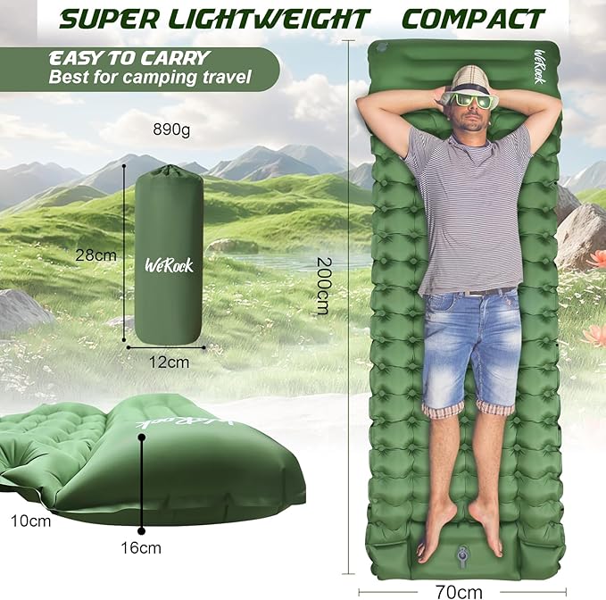 Camping Sleeping Pad, Ultralight Inflatable Camping Mat with Pillow Built-in Foot Pump Inflatable Sleeping Pads for Hiking Backpacking Camping Family Trips Tent(Green)