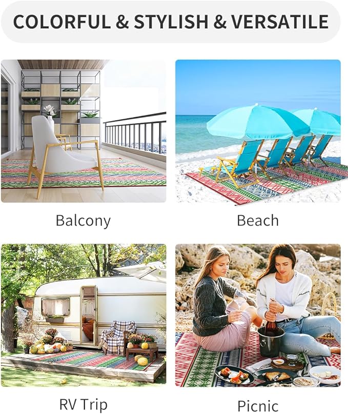 MontVoo Outdoor Rug Carpet 8x10 Waterproof-Patio Rug Mat Reversible RV Camping Rug Picnic Mat Plastic Straw Outside Rug for Balcony Porch Deck Beach-Boho Outdoor Area Rug for Patio Decor Colorful