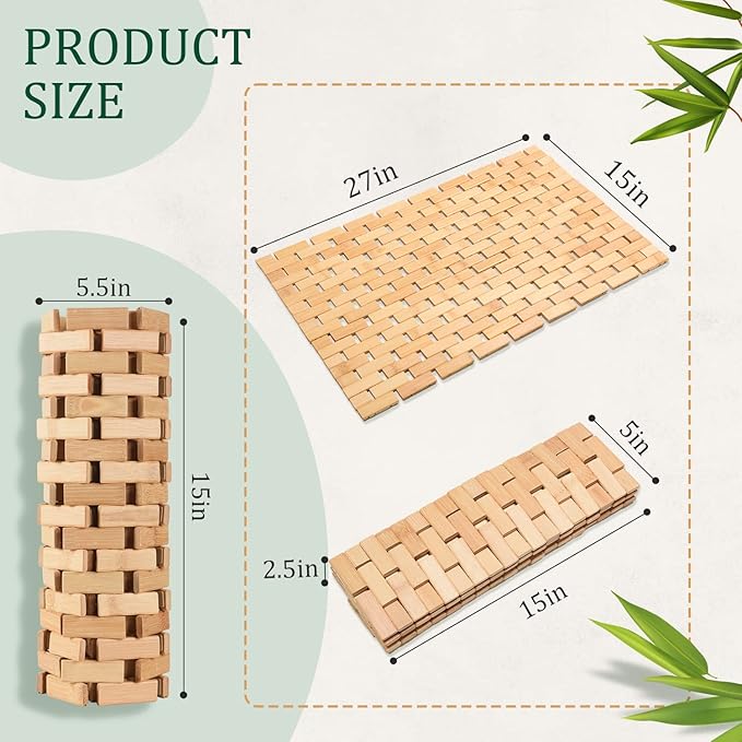 downluxe Bamboo Bath Mat for Bathroom - Waterproof Bamboo Shower Mat Non Slip, Foldable Bathroom Floor Mat for Indoor & Outdoor (Natural Color, 15" X 27", Medium)