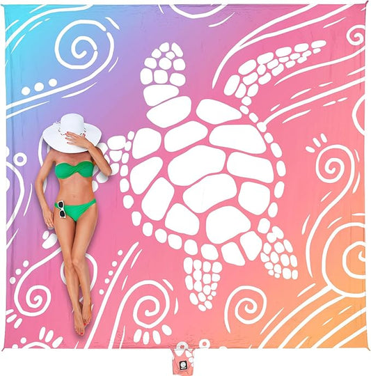 WEKAPO Beach Blanket Waterproof Sandproof Oversized Extra Large Sand Free Beach Mat with Stakes, Storage Bag - Essentials for Outdoor Beach, Picnic (Pinkish Purple Sea Turtle, 8 X 7 FT (1~4 Person))