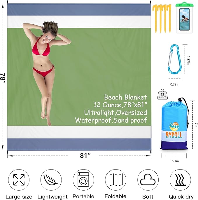 BYDOLL Beach Blanket 78''X81'' 4-7 Adults Oversized Lightweight Waterproof Sandproof Blanket for Beach Large Picnic Mat Travel Camping