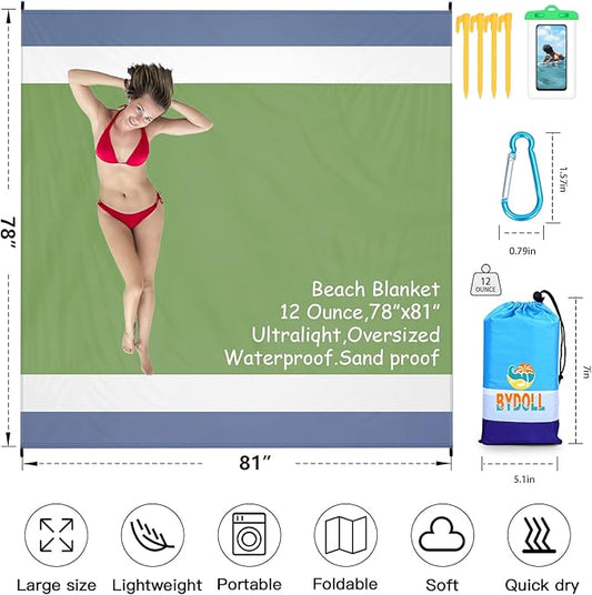 BYDOLL Beach Blanket 78''X81'' 4-7 Adults Oversized Lightweight Waterproof Sandproof Blanket for Beach Large Picnic Mat Travel Camping