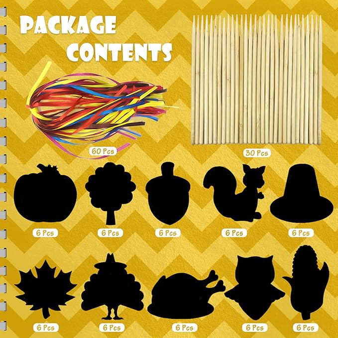 60PCS Thanksgiving Rainbow Scratch Art, Fall Paper Crafts for Kids, Thanksgiving Day Pumpkin Maple Turkey Hanging Ornament Decorations, Art Craft Supplies for Home Tree Classroom Decor