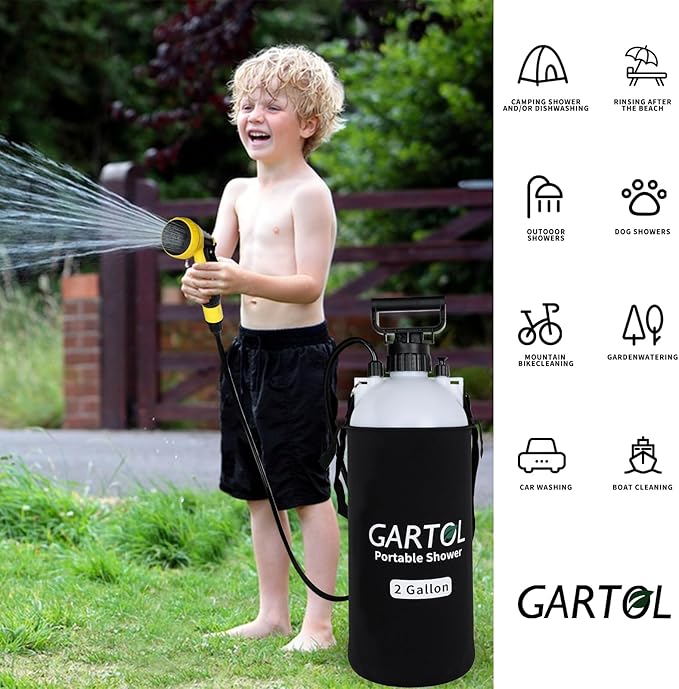 Gartol 2 Gallon Portable Shower with Handheld Showerhead, Silicone Bath Massage Brush, and Thermal Insulation Bag, High-Pressure Camping, Surf, Dog Shower Sprayer