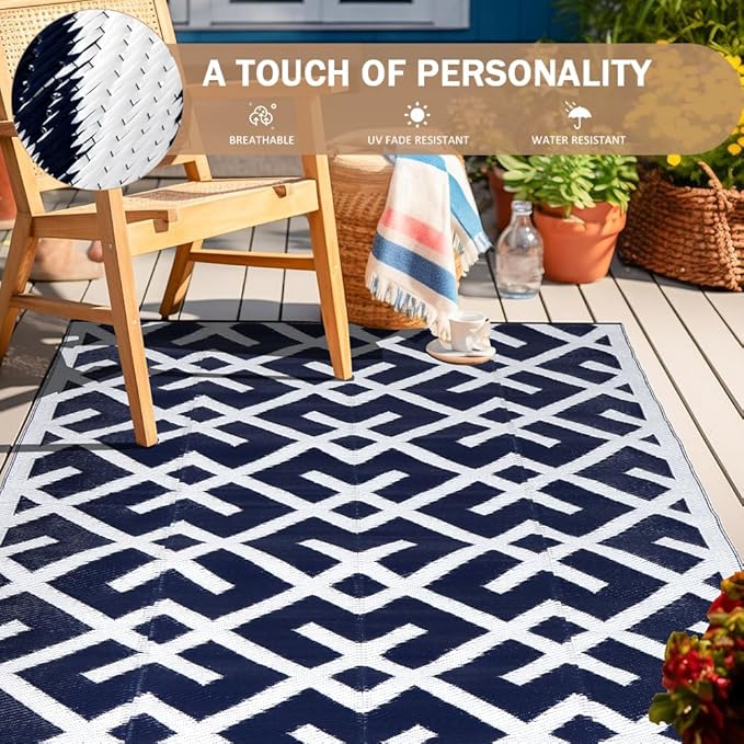 LILIOFFIC Outdoor Rugs - Reversible Mats, 5'x8' Plastic Straw Rug for Patio Clearance Waterproof, Indoor Outdoor Area Rug Carpet for Outside, RV, Deck, Picnic, Beach, Trailer, Camping, Blue & White