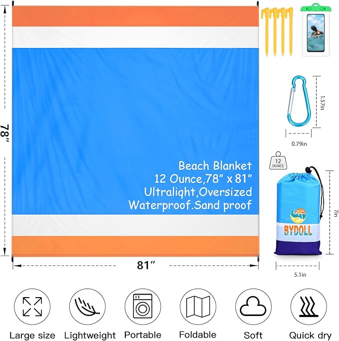 BYDOLL Beach Blanket Waterproof Sandproof 78''×81'' 1-7 Adults Oversized Lightweight Large Picnic Mat Waterproof Sandproof Blanket for Beach