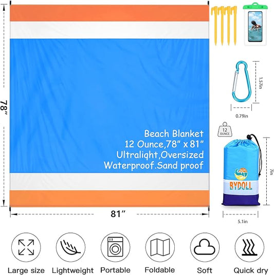 BYDOLL Beach Blanket Waterproof Sandproof 78''×81'' 1-7 Adults Oversized Lightweight Large Picnic Mat Waterproof Sandproof Blanket for Beach