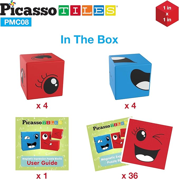 PicassoTiles Magnetic Expression Puzzle Toy Building Block Mix & Match Cubes Cubes Magnet Sensory Toys Pre-School Gifts Educational STEM Learning Kit for Kid, Baby Toddler Age 3 and Up 8 Pieces PMC08