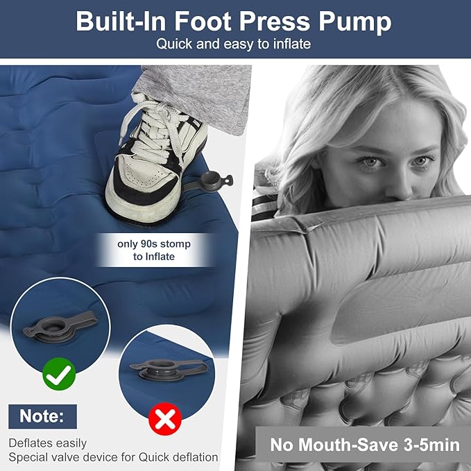 Camping Sleeping Pad, 50D Extra Thickness 4.7 Inch Inflatable Sleeping Mat Lightweight Waterproof Camping with Built-in Pump Air Mattress for Backpacking, Hiking, Tent, Traveling (Blue+Grey)