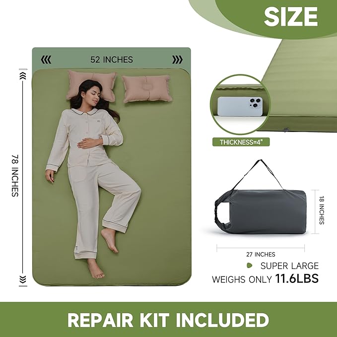 OUTSKIRT Camping Mattress, Self Inflating Sleeping Pad with Pump Sack, Foam Camping Pad for Sleeping, 4” Thickness Sleeping Mat for Camp/Travel/Car/Tent, 4 Season Camp Air Mattress