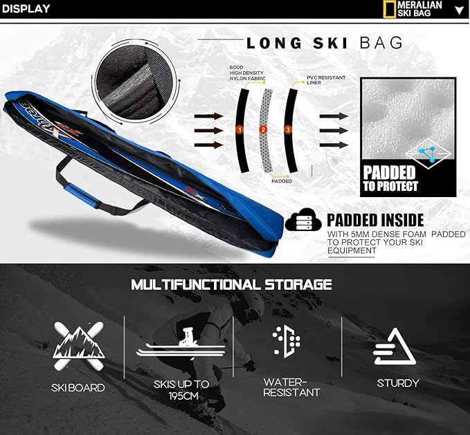 Padded Ski Bag,Waterproof Full Padded Single Ski Travel Bag with Adjustable Shoulder Strap.