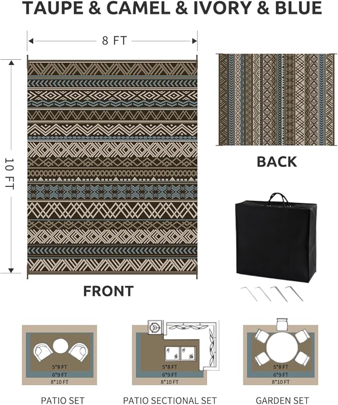 MontVoo Outdoor Rug Carpet 8x10 Waterproof-Patio Rug Mat Reversible RV Camping Rug Picnic Mat Plastic Straw Outside Rug for Balcony Porch Deck Beach-Boho Outdoor Area Rug for Patio Decor Colorful